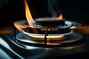 a close up of a gas stove with flames. AI-Generated photo