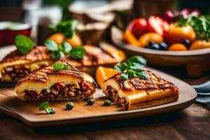 grilled cheese sandwich with meat and vegetables. AI-Generated photo