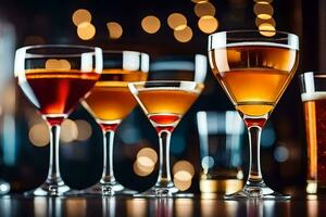 a group of glasses with different types of alcohol. AI-Generated photo