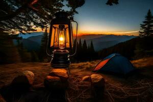 a lantern is lit up in the middle of a forest at sunset. AI-Generated photo