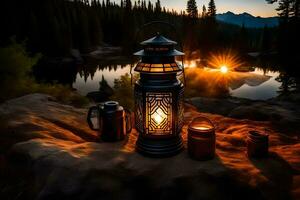 linternas y café en el borde de un lago a puesta de sol. generado por ai foto