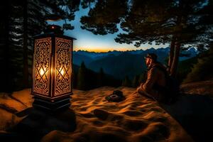 a man sitting on the ground near a lantern. AI-Generated photo