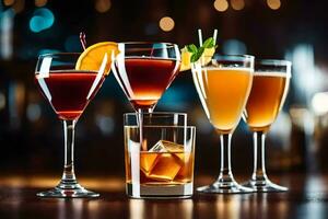 various alcoholic drinks in glasses on a bar counter. AI-Generated photo
