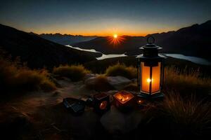 the lanterns are lit at sunset in the mountains. AI-Generated photo