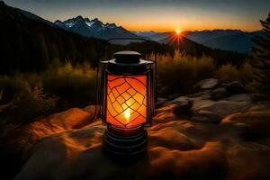 un linterna es iluminado en un rock en frente de un montaña. generado por ai foto
