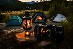 un cámara y un linterna son conjunto arriba en el medio de un terreno de camping. generado por ai foto