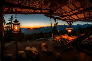 a hammock and table are set up under a canopy at sunset. AI-Generated photo