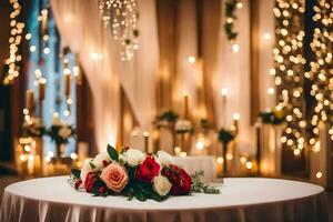 a table with flowers and candles in front of a backdrop of lights. AI-Generated photo
