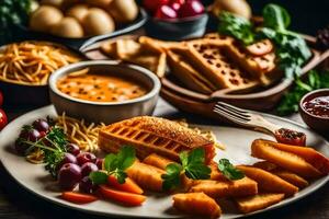 a plate of food with waffles, eggs, vegetables and other foods. AI-Generated photo