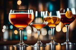 three different types of alcoholic drinks are lined up on a bar. AI-Generated photo
