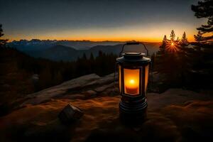 a lantern is lit on a mountain at sunset. AI-Generated photo