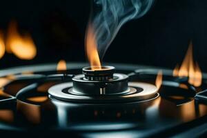 a close up of a gas burner with smoke coming out. AI-Generated photo