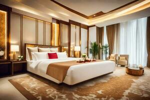 un cama o camas en un habitación a el ritz Carlton Beijing. generado por ai foto