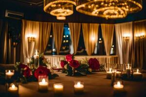 un mesa con velas y flores en frente de un ventana. generado por ai foto