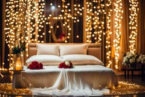 a bed with white sheets and flowers under a string of lights. AI-Generated photo