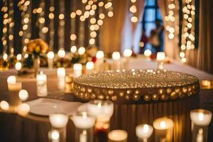 candles are lit around a table with a candle on top. AI-Generated photo