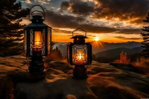 two lanterns on a rock in front of a sunset. AI-Generated photo