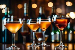 three different types of alcoholic drinks are lined up on a bar. AI-Generated photo
