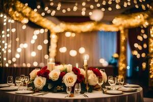 a table with candles and flowers in front of a string of lights. AI-Generated photo