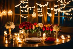 a table with candles and flowers. AI-Generated photo