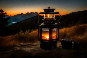 a lantern is lit on a mountain at sunset. AI-Generated photo