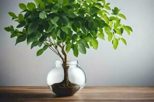 a small plant in a glass vase on a table. AI-Generated photo