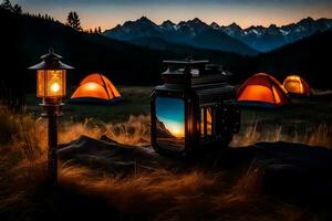 photo wallpaper the sky, mountains, sunset, camp, lantern, lantern, lantern, lantern,. AI-Generated