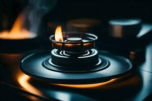 a close up of a gas stove with a flame. AI-Generated photo