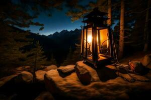 un linterna iluminado arriba en el oscuro en un rocoso ladera. generado por ai foto