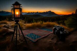 a lantern and a rug sit on top of a mountain. AI-Generated photo