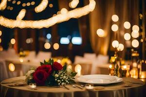 un mesa con flores y velas en él. generado por ai foto