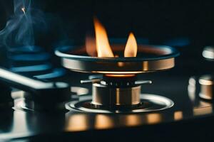 a gas stove with a flame coming out of it. AI-Generated photo