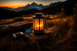 the lanterns are lit at sunset in the mountains. AI-Generated photo