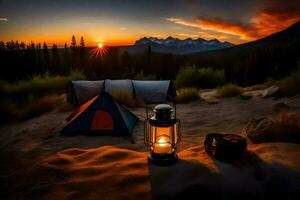 el puesta de sol es ajuste terminado el montañas y el acampar es iluminado arriba con un linterna. generado por ai foto