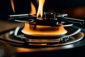 a close up of a gas stove with flames. AI-Generated photo