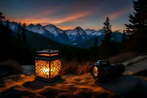 the lantern and camera are on the mountain at sunset. AI-Generated photo