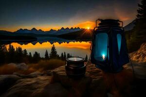 a lantern is lit on the edge of a lake at sunset. AI-Generated photo