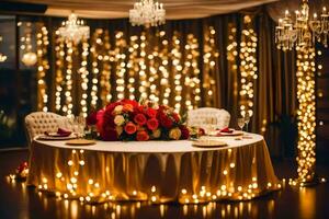 a table with flowers and candles in front of a backdrop of lights. AI-Generated photo