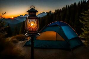 the lantern is lit at sunset. AI-Generated photo