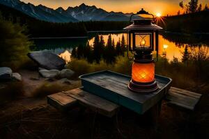 a lantern sits on a bench near a lake at sunset. AI-Generated photo