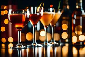 three glasses of alcohol are lined up on a table. AI-Generated photo