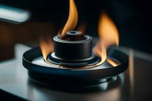 a close up of a stove top burner with flames. AI-Generated photo