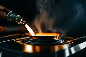 a person is pouring a flame into a gas stove. AI-Generated photo