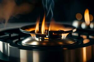 a gas stove with flames on it. AI-Generated photo