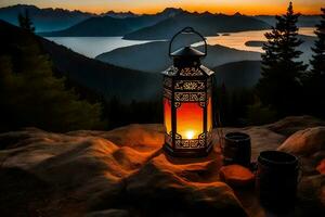 lantern on the mountain, sunset, mountains, lake, sunset, mountains, lake, sunset. AI-Generated photo