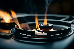 a close up of a gas stove with flames. AI-Generated photo