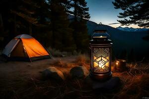 a lantern is lit up in the dark with a tent in the background. AI-Generated photo