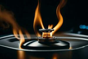 a gas burner on a stove with flames. AI-Generated photo