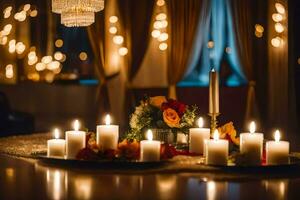 candles and flowers on a table with lights. AI-Generated photo