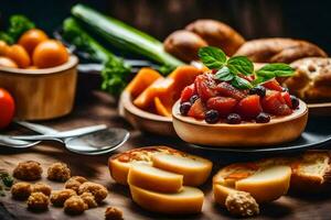 foods on a table with bread, cheese and vegetables. AI-Generated photo